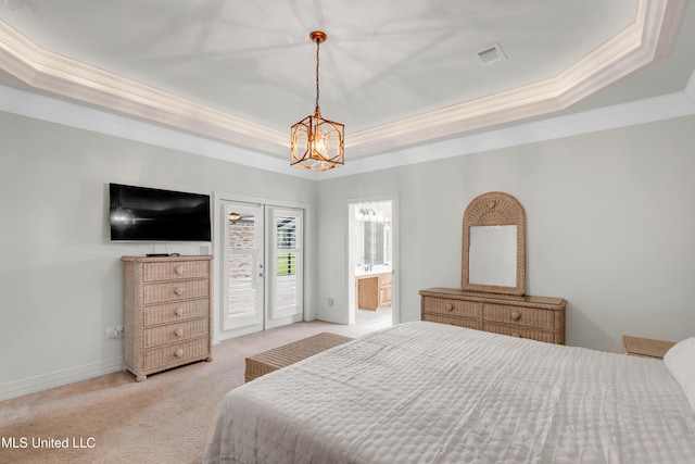 7528 Crooked Stick Dr, Diamondhead, MS 39525 - carpeted bedroom featuring a tray ceiling, ornamental molding, a chandelier, and access to outside