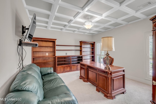 7528 Crooked Stick Dr, Diamondhead, MS 39525 - office space featuring healthy amount of natural light, coffered ceiling, light carpet, a ceiling fan, and beamed ceiling