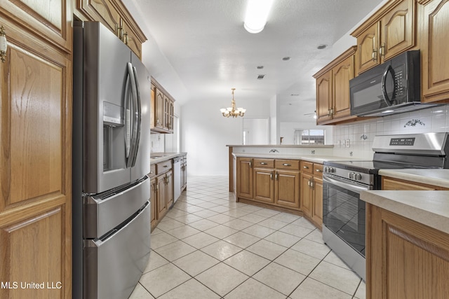 kitchen with backsplash, stainless steel appliances, decorative light fixtures, kitchen peninsula, and a chandelier