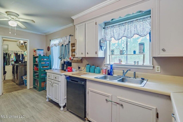 560 Bailey St, Mendenhall, MS 39114 - kitchen with dishwasher, a sink, ceiling fan, white cabinets, and ornamental molding