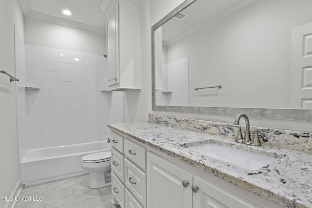 full bathroom with toilet, ornamental molding, tub / shower combination, and vanity