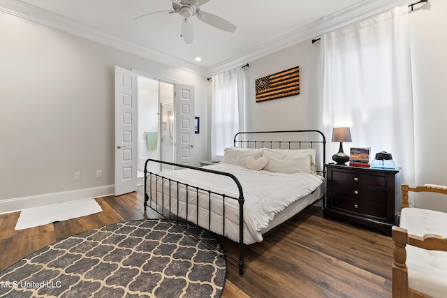 bedroom featuring crown molding, dark wood-type flooring, and ceiling fan