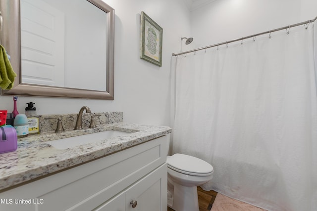 bathroom featuring wood-type flooring, vanity, and toilet