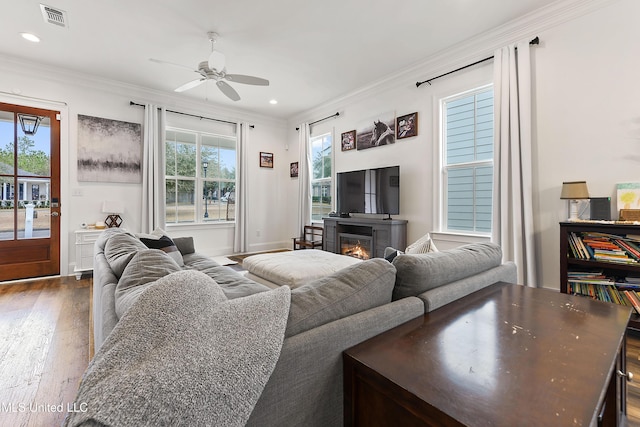 living room with hardwood / wood-style floors, crown molding, and a wealth of natural light