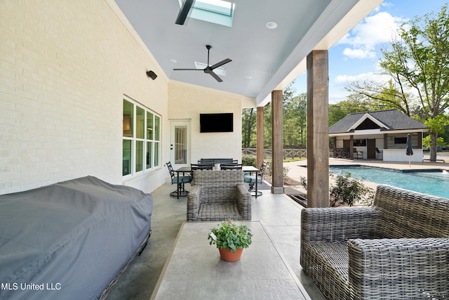 4270 Sunset Rd, Nesbit, MS 38651 - view of patio featuring an outdoor structure, an outdoor living space, a ceiling fan, an outdoor pool, and a storage structure