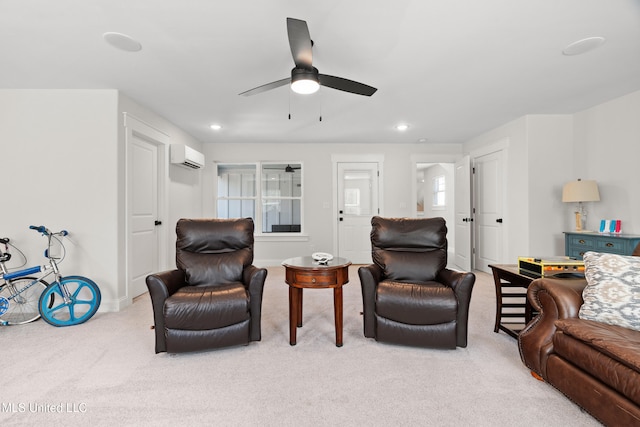 4270 Sunset Rd, Nesbit, MS 38651 - living room featuring light colored carpet, ceiling fan, baseboards, recessed lighting, and a wall mounted air conditioner