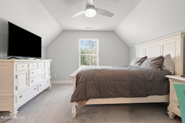 4270 Sunset Rd, Nesbit, MS 38651 - bedroom with visible vents, a ceiling fan, light carpet, and vaulted ceiling