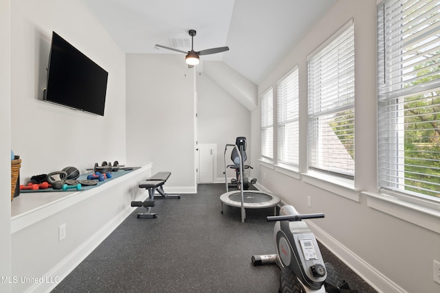 4270 Sunset Rd, Nesbit, MS 38651 - exercise area featuring a healthy amount of sunlight, visible vents, a ceiling fan, and lofted ceiling