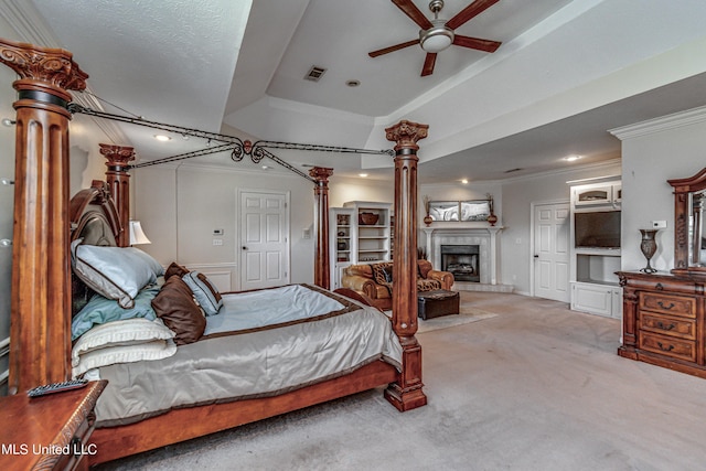 bedroom featuring decorative columns, carpet, recessed lighting, and crown molding