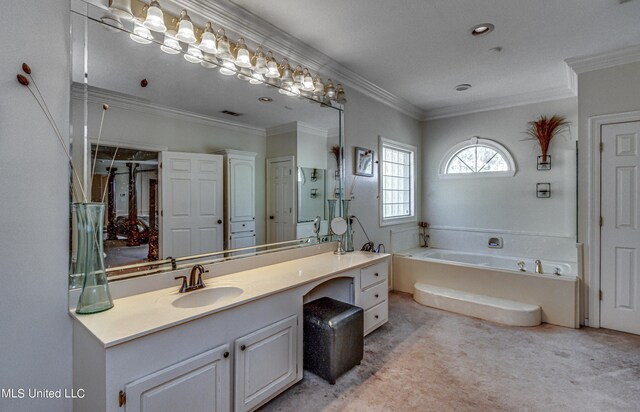 bathroom featuring a garden tub, crown molding, vanity, visible vents, and recessed lighting
