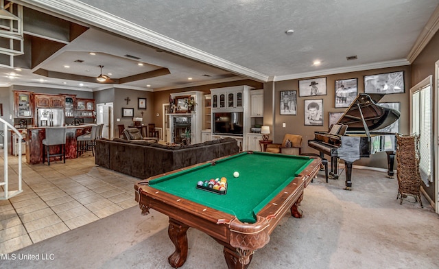 recreation room featuring crown molding, billiards, and light tile patterned flooring