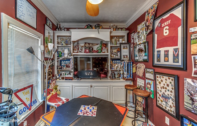 interior space with crown molding, bar area, and ceiling fan