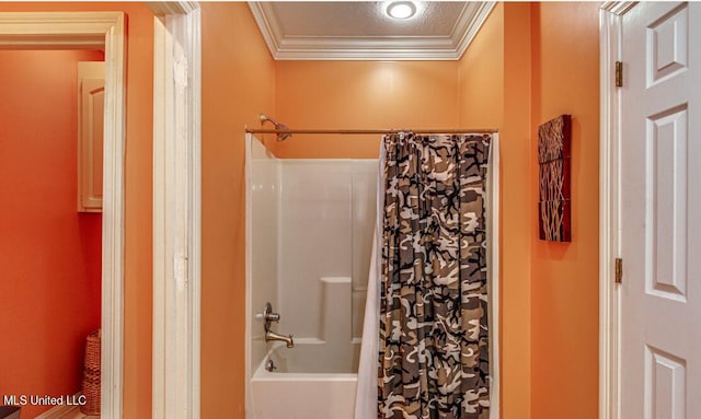 bathroom with shower / bath combo and ornamental molding