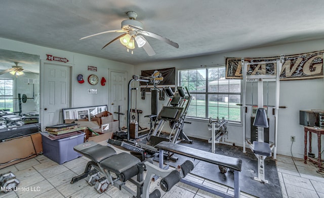 workout room with ceiling fan