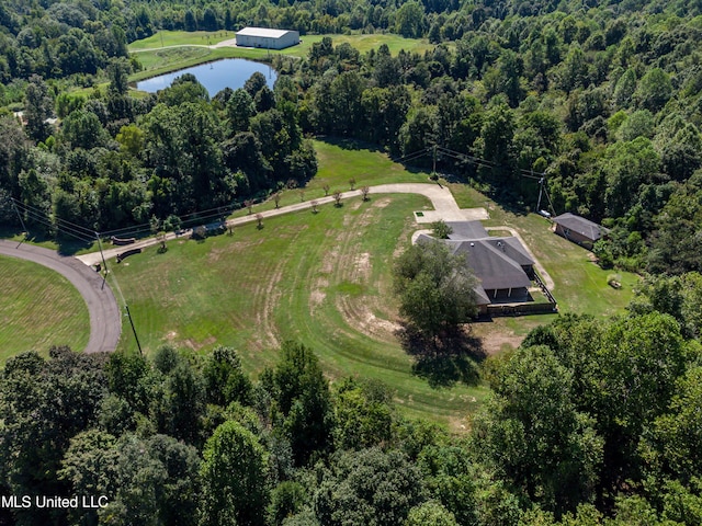 birds eye view of property with a view of trees and a water view