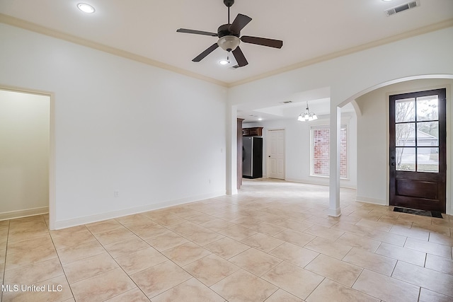 interior space with crown molding and ceiling fan with notable chandelier