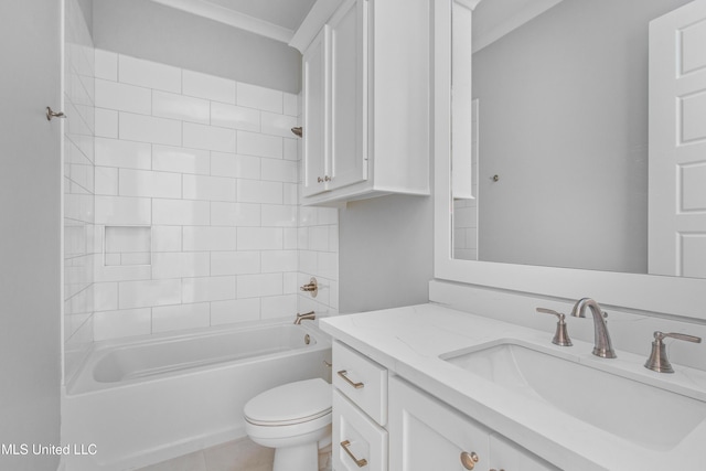full bath with shower / washtub combination, vanity, tile patterned flooring, and toilet