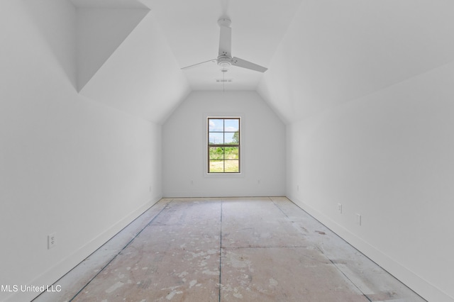 bonus room featuring ceiling fan, vaulted ceiling, and visible vents