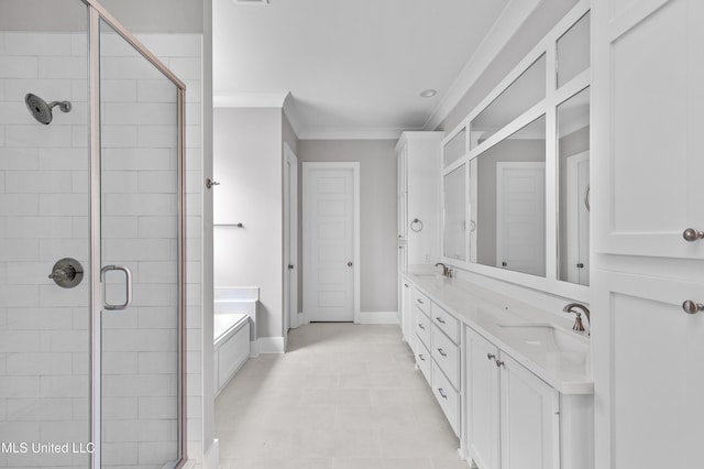 full bathroom featuring a bath, a sink, double vanity, a stall shower, and crown molding