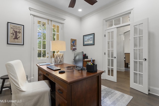 6416 Oliwa Pl, Diamondhead, MS 39525 - office area featuring french doors, crown molding, dark wood-style flooring, a ceiling fan, and recessed lighting