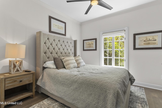 6416 Oliwa Pl, Diamondhead, MS 39525 - bedroom with ornamental molding, wood finished floors, and a ceiling fan