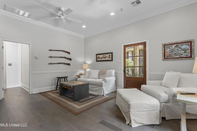 6416 Oliwa Pl, Diamondhead, MS 39525 - living area featuring ceiling fan, ornamental molding, recessed lighting, and dark wood-style flooring