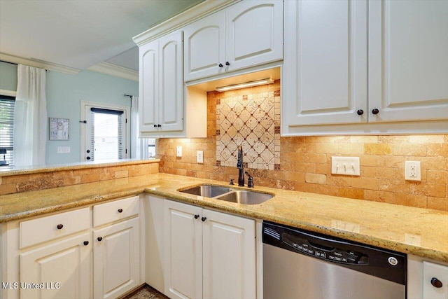 159 Stillhouse Creek Dr, Madison, MS 39110 - kitchen with dishwasher, a sink, tasteful backsplash, light stone counters, and white cabinetry