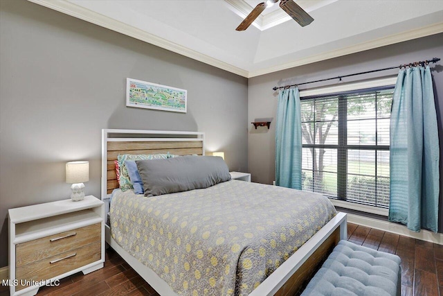 159 Stillhouse Creek Dr, Madison, MS 39110 - bedroom featuring dark wood-style floors, multiple windows, crown molding, a raised ceiling, and ceiling fan