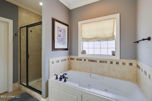 159 Stillhouse Creek Dr, Madison, MS 39110 - bathroom featuring a shower stall, a jetted tub, and ornamental molding