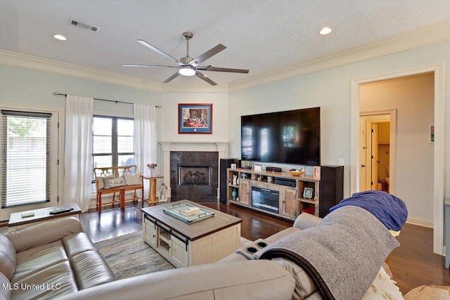 159 Stillhouse Creek Dr, Madison, MS 39110 - living area featuring a ceiling fan, a fireplace, dark wood-type flooring, ornamental molding, and recessed lighting