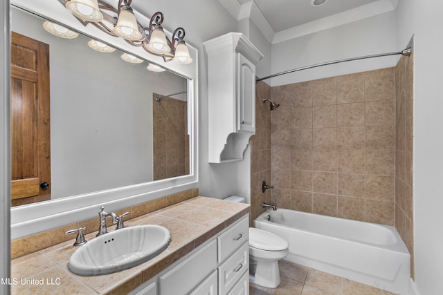 full bathroom with vanity, toilet, tile patterned floors, and tiled shower / bath combo