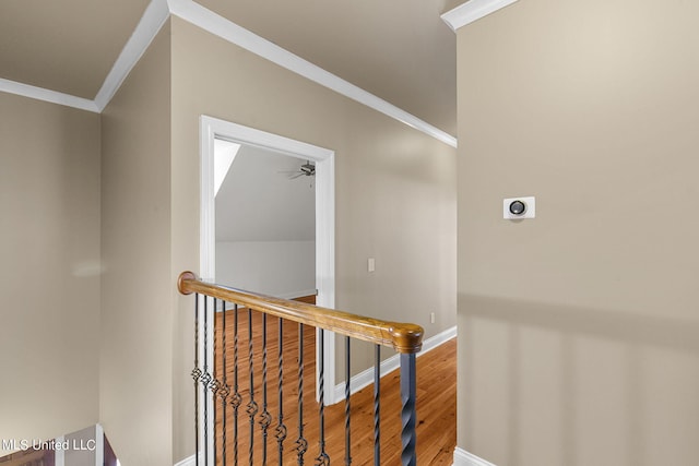 stairway featuring ornamental molding, hardwood / wood-style floors, and ceiling fan