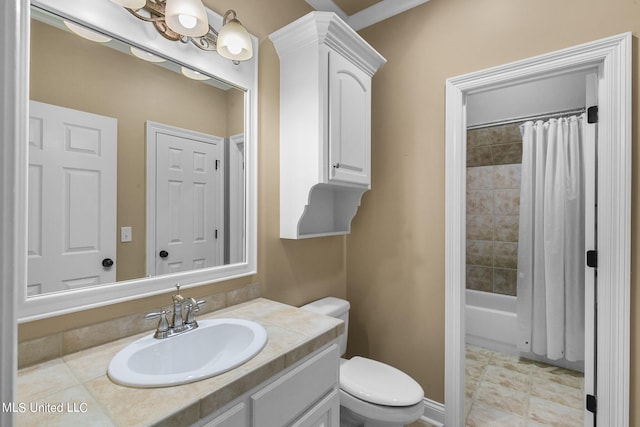 full bathroom with vanity, toilet, shower / bath combination with curtain, and tile patterned floors