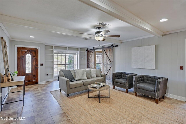 tiled living room with a barn door, visible vents, built in features, crown molding, and beam ceiling