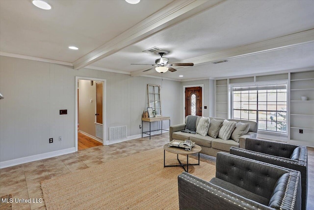 tiled living room with beamed ceiling, visible vents, and crown molding