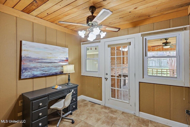 doorway with a ceiling fan, wood ceiling, and light tile patterned flooring