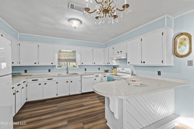 kitchen featuring sink, dark hardwood / wood-style flooring, kitchen peninsula, white appliances, and white cabinets