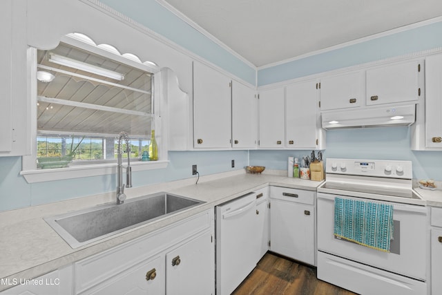 kitchen with dark hardwood / wood-style flooring, sink, dishwasher, range, and white cabinetry