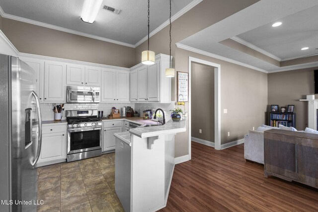 169 Beechwood Cir, Pearl, MS 39208 - kitchen with stainless steel appliances, open floor plan, a peninsula, decorative backsplash, and ornamental molding