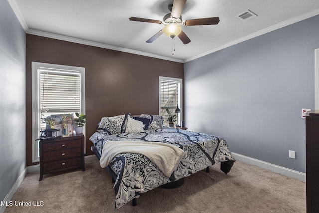 169 Beechwood Cir, Pearl, MS 39208 - bedroom featuring carpet flooring, baseboards, crown molding, and a ceiling fan
