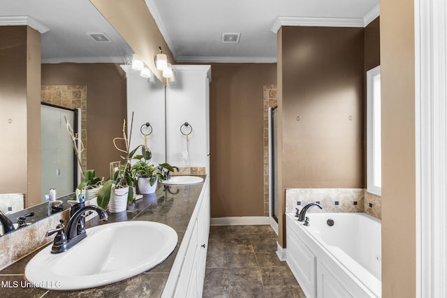 169 Beechwood Cir, Pearl, MS 39208 - full bath with double vanity, baseboards, a bath, ornamental molding, and a stall shower