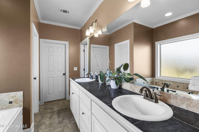 169 Beechwood Cir, Pearl, MS 39208 - bathroom featuring double vanity, ornamental molding, and a bath