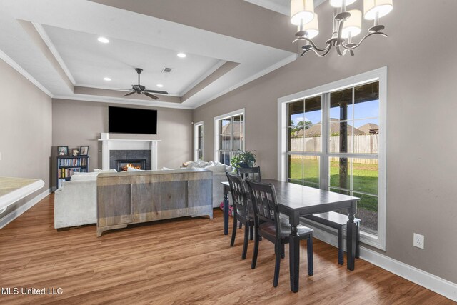 169 Beechwood Cir, Pearl, MS 39208 - dining area with a tray ceiling, a warm lit fireplace, a chandelier, a ceiling fan, and light wood-style floors