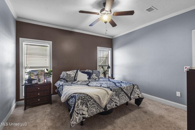 169 Beechwood Cir, Pearl, MS 39208 - bedroom featuring carpet flooring, baseboards, crown molding, and a ceiling fan
