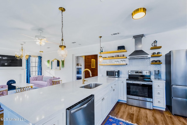 kitchen with sink, stainless steel appliances, ventilation hood, kitchen peninsula, and white cabinets