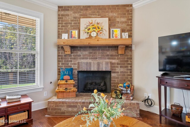 living room featuring crown molding, wood-type flooring, and a brick fireplace