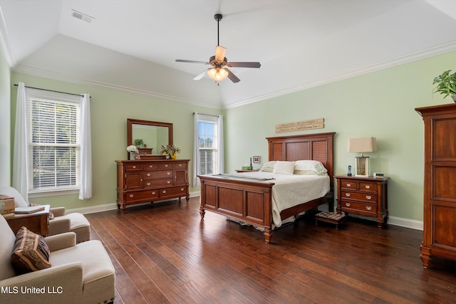 bedroom with dark hardwood / wood-style flooring, multiple windows, ornamental molding, and ceiling fan