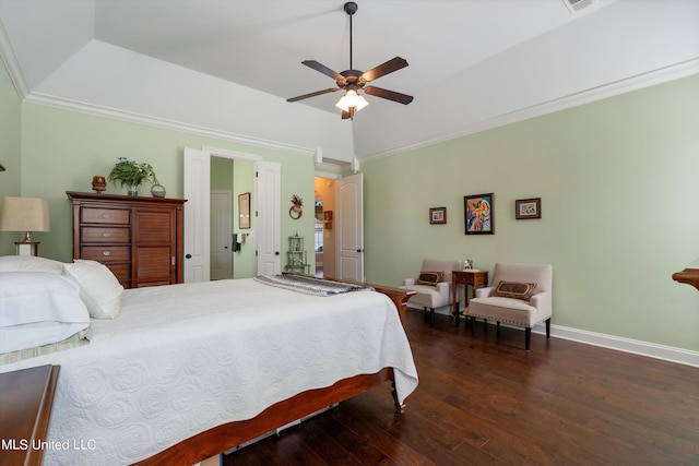 bedroom with dark wood-type flooring, ceiling fan, and ornamental molding