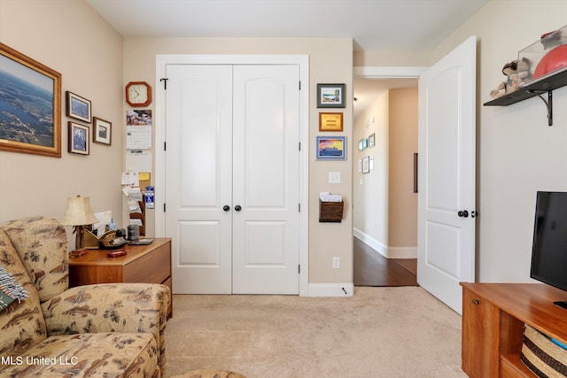 living area featuring light colored carpet