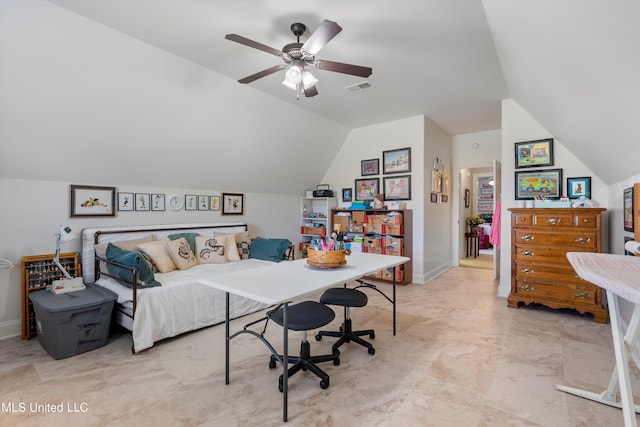 bedroom featuring ceiling fan and lofted ceiling